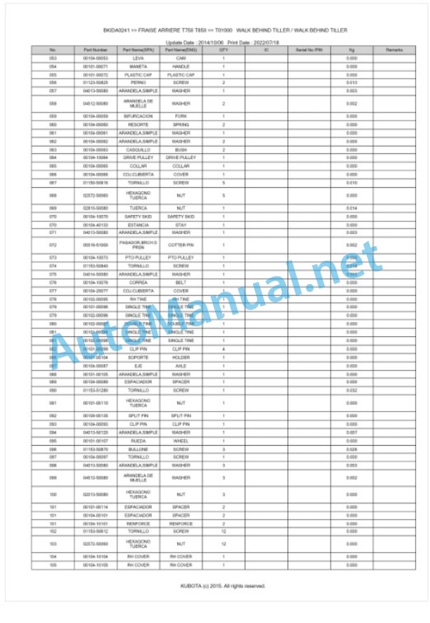 Kubota T750, T850 Fraise Arriere Parts Manual PDF BKIDA0241 4 Kubota T750, T850 Fraise Arriere Parts Manual PDF BKIDA0241-4