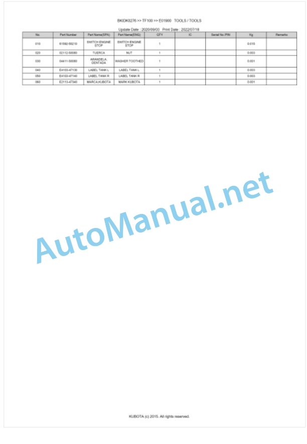 Kubota TF100 Parts Manual PDF BKIDK0267 4 Kubota TF100 Parts Manual PDF BKIDK0267-4