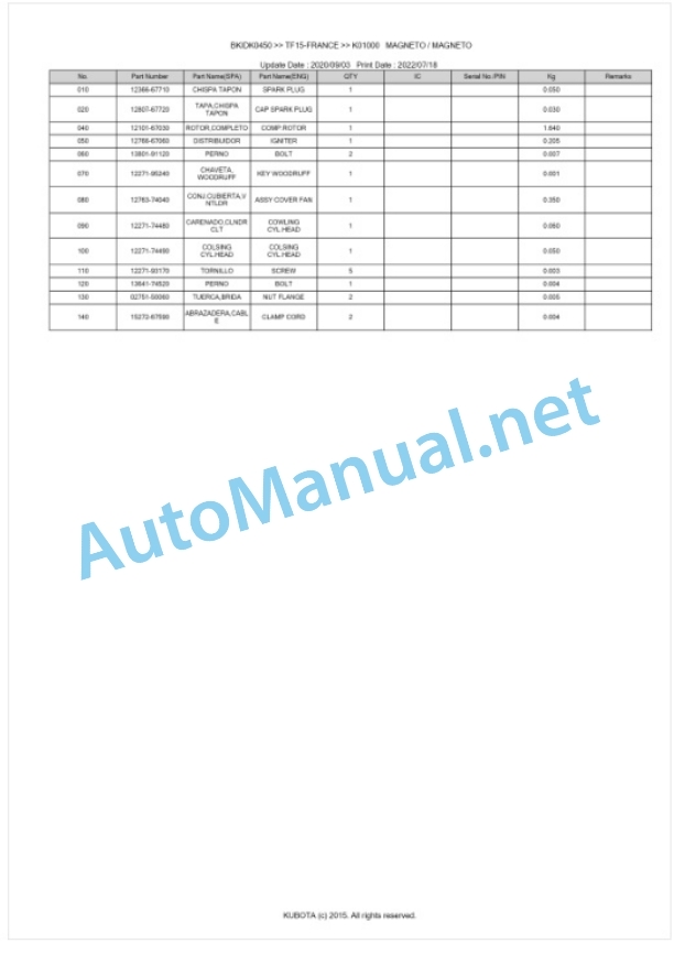 Kubota TF15-FRANCE Parts Manual PDF BKIDK0450 4 Kubota TF15-FRANCE Parts Manual PDF BKIDK0450-4