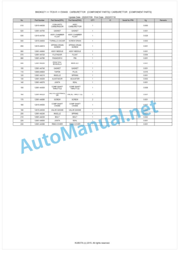 Kubota TF20-R Parts Manual PDF BKIDK0271 2 Kubota TF20-R Parts Manual PDF BKIDK0271-2