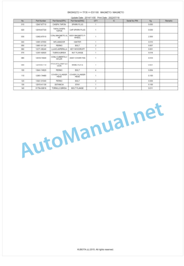 Kubota TF35 Parts Manual PDF BKIDK0272 4 Kubota TF35 Parts Manual PDF BKIDK0272-4