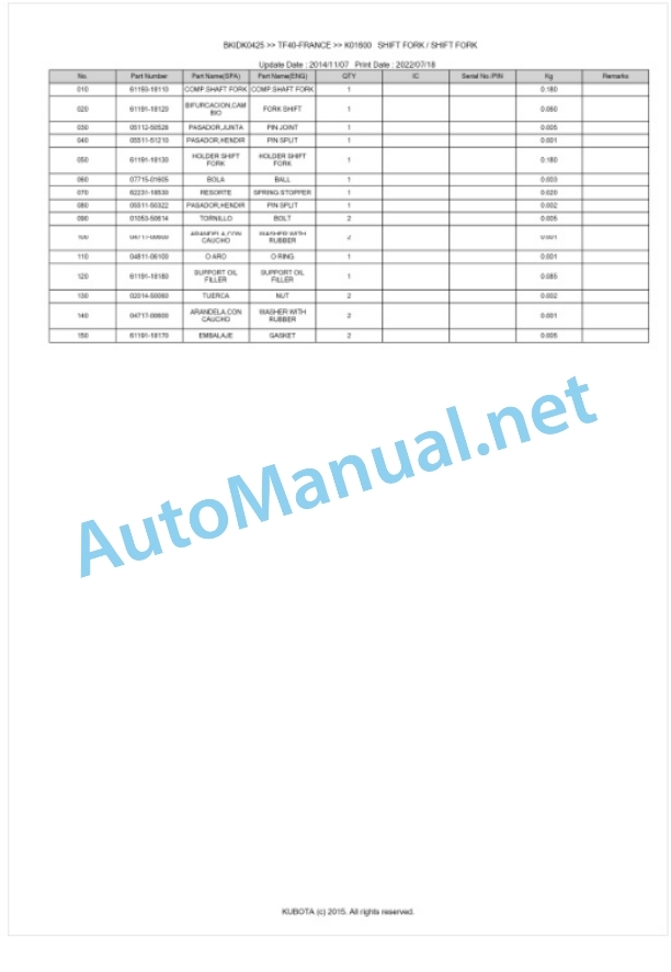 Kubota TF40-FRANCE Parts Manual PDF BKIDK0425 4 Kubota TF40-FRANCE Parts Manual PDF BKIDK0425-4
