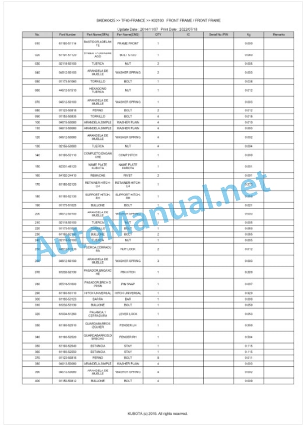 Kubota TF40-FRANCE Parts Manual PDF BKIDK0425 5 Kubota TF40-FRANCE Parts Manual PDF BKIDK0425-5
