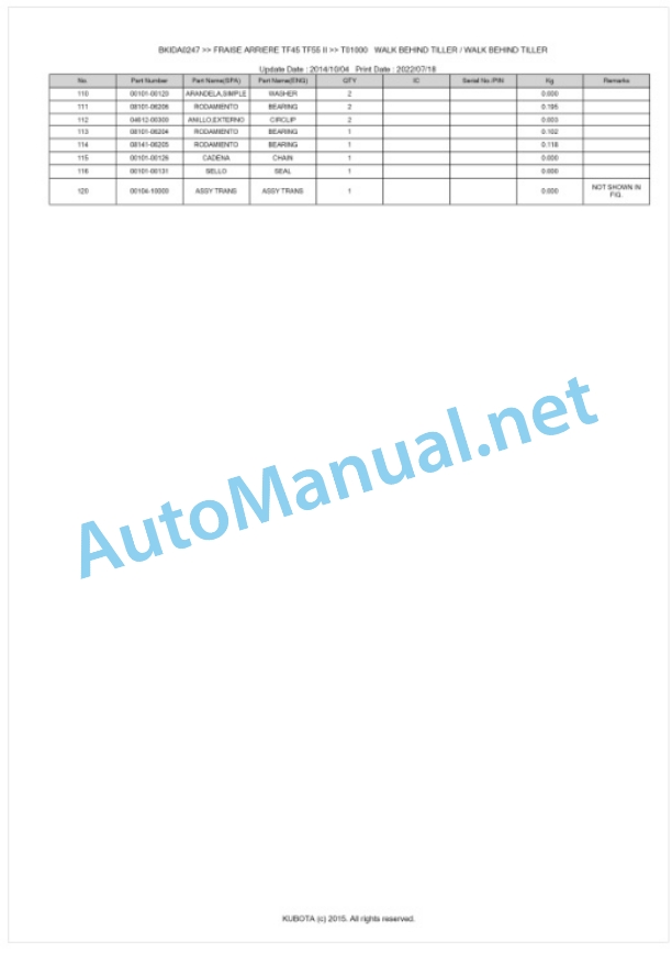 Kubota TF45 II, TF55 II Fraise Arriere Parts Manual PDF BKIDA0247 3 Kubota TF45 II, TF55 II Fraise Arriere Parts Manual PDF BKIDA0247-3