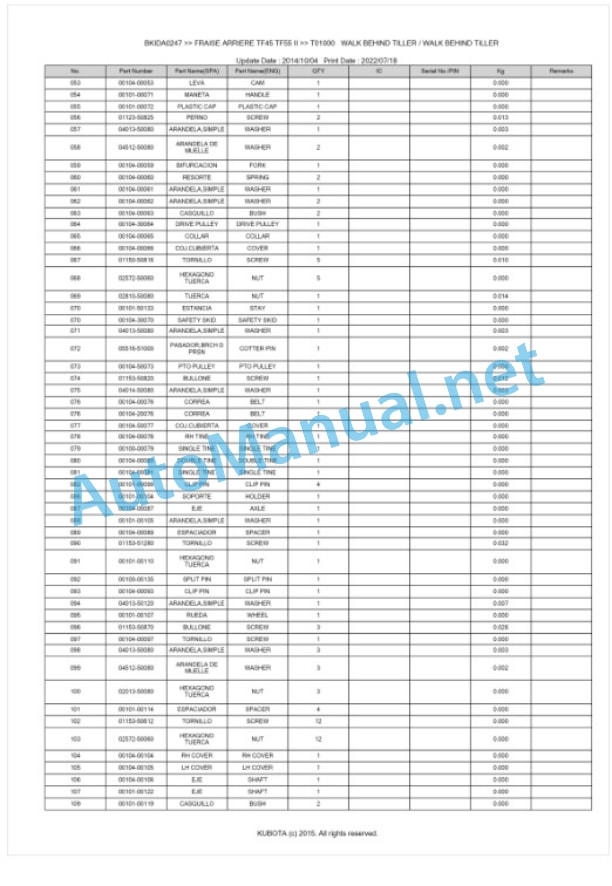Kubota TF45 II, TF55 II Fraise Arriere Parts Manual PDF BKIDA0247 4 Kubota TF45 II, TF55 II Fraise Arriere Parts Manual PDF BKIDA0247-4