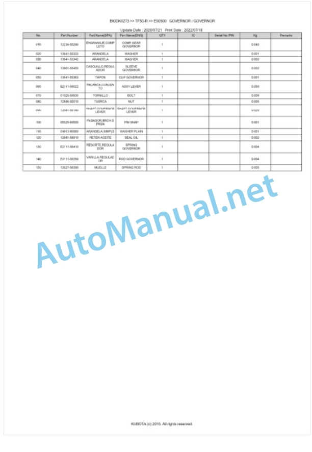 Kubota TF50-R Parts Manual PDF BKIDK0273 2 Kubota TF50-R Parts Manual PDF BKIDK0273-2