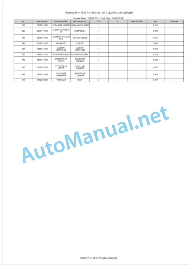 Kubota TF50-R Parts Manual PDF BKIDK0273 4 Kubota TF50-R Parts Manual PDF BKIDK0273-4