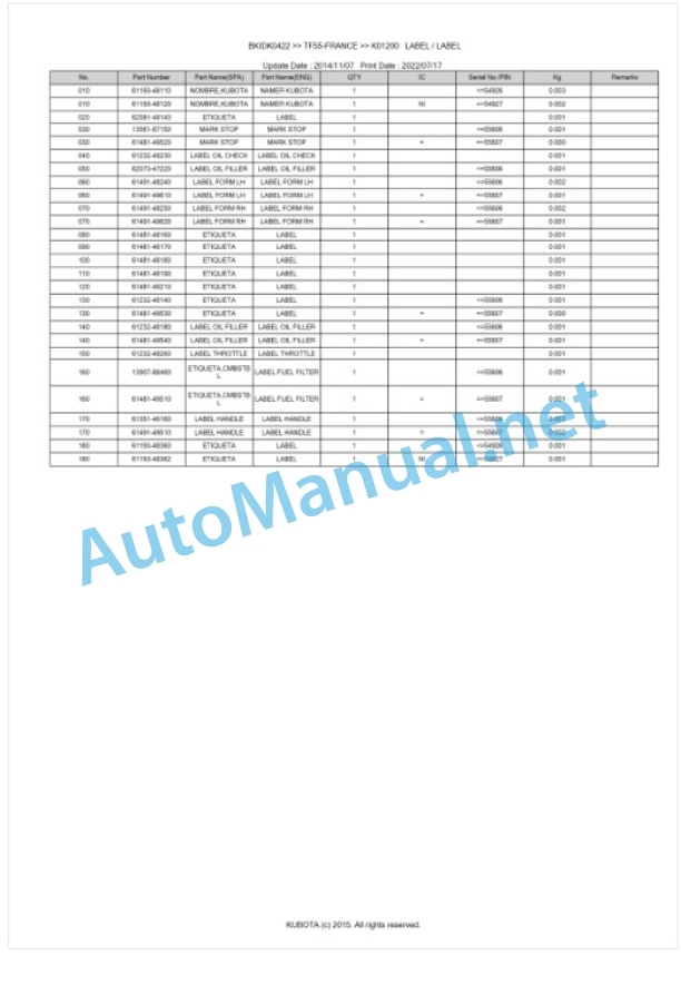 Kubota TF55-FRANCE Parts Manual PDF BKIDK0422 5 Kubota TF55-FRANCE Parts Manual PDF BKIDK0422-5