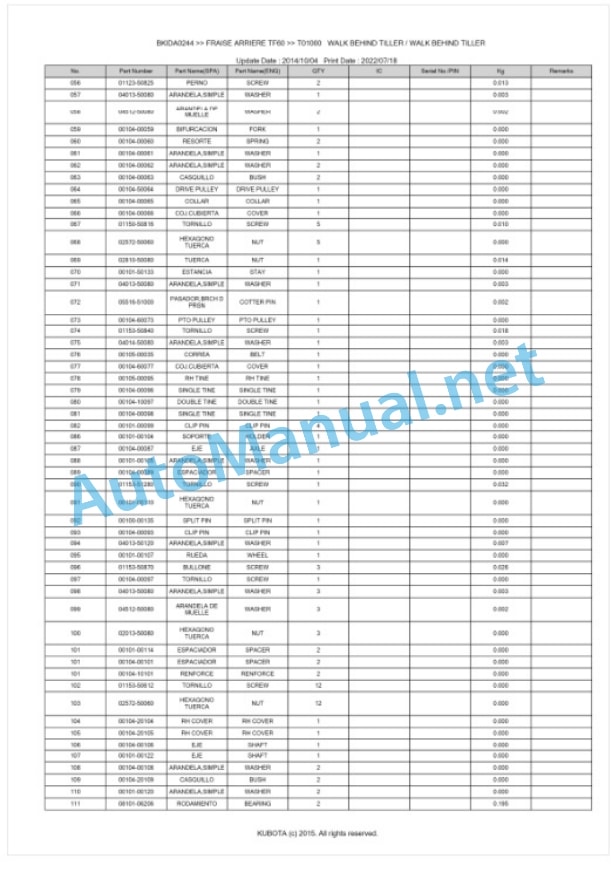 Kubota TF60 Fraise Arriere Parts Manual PDF BKIDA0244 4 Kubota TF60 Fraise Arriere Parts Manual PDF BKIDA0244-4