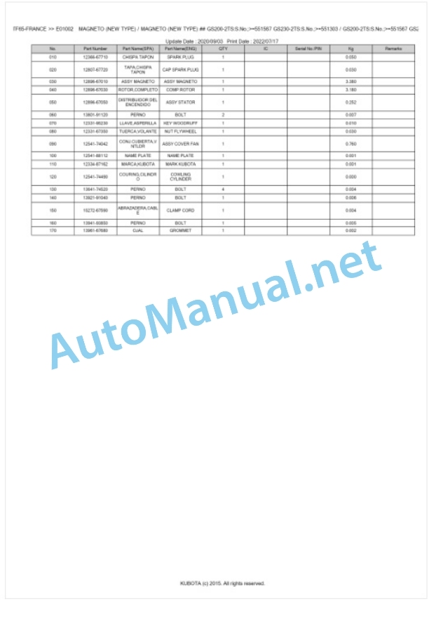 Kubota TF65-FRANCE Parts Manual PDF BKIDK0423 3 Kubota TF65-FRANCE Parts Manual PDF BKIDK0423-3