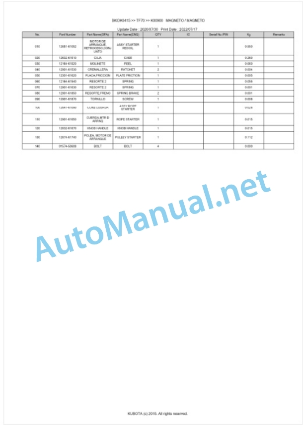 Kubota TF70 Parts Manual PDF BKIDK0415 3 Kubota TF70 Parts Manual PDF BKIDK0415-3