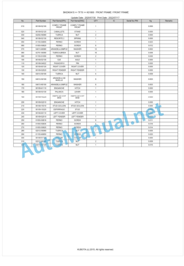 Kubota TF70 Parts Manual PDF BKIDK0415 5 Kubota TF70 Parts Manual PDF BKIDK0415-5