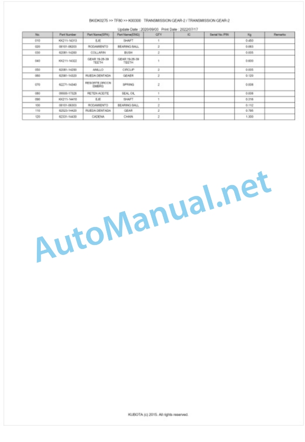 Kubota TF80 Parts Manual PDF BKIDK0275 4 Kubota TF80 Parts Manual PDF BKIDK0275-4