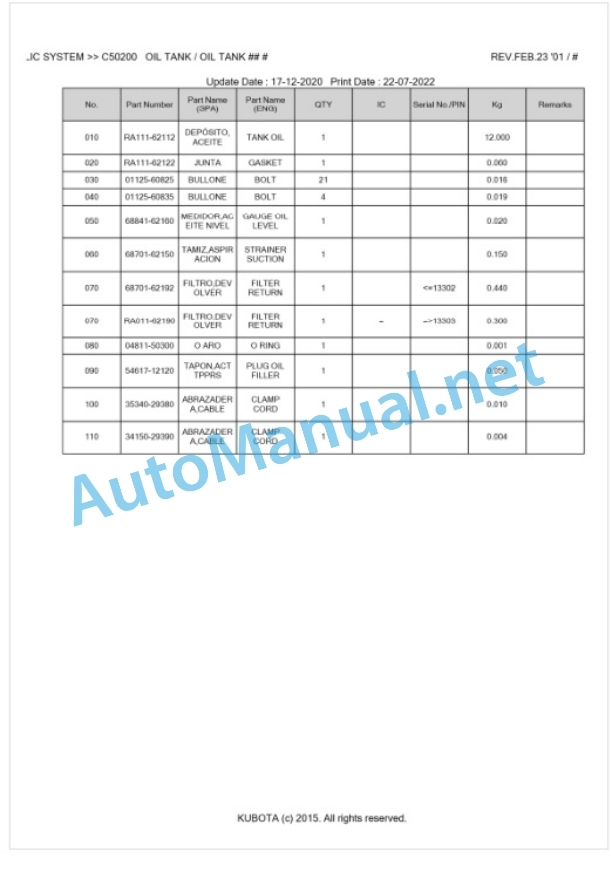 Kubota U-10 Parts Manual PDF BKIDA0079 3 Kubota U-10 Parts Manual PDF BKIDA0079-3