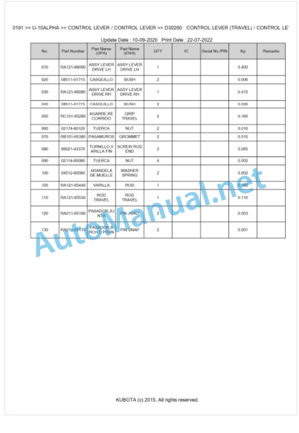Kubota U-10ALPHA Parts Manual PDF BKIDA0191 4 Kubota U-10ALPHA Parts Manual PDF BKIDA0191-4