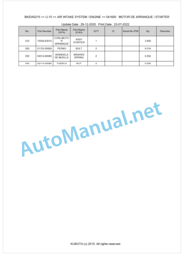 Kubota U-15 Parts Manual PDF BKIDA0215 2 Kubota U-15 Parts Manual PDF BKIDA0215-2