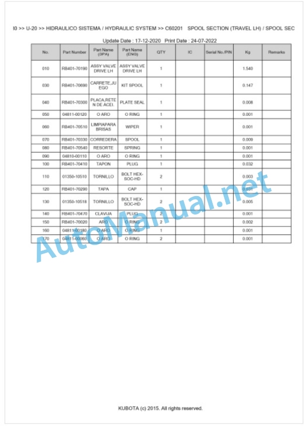 Kubota U-20 Parts Manual PDF BKIDA0080 3 Kubota U-20 Parts Manual PDF BKIDA0080-3