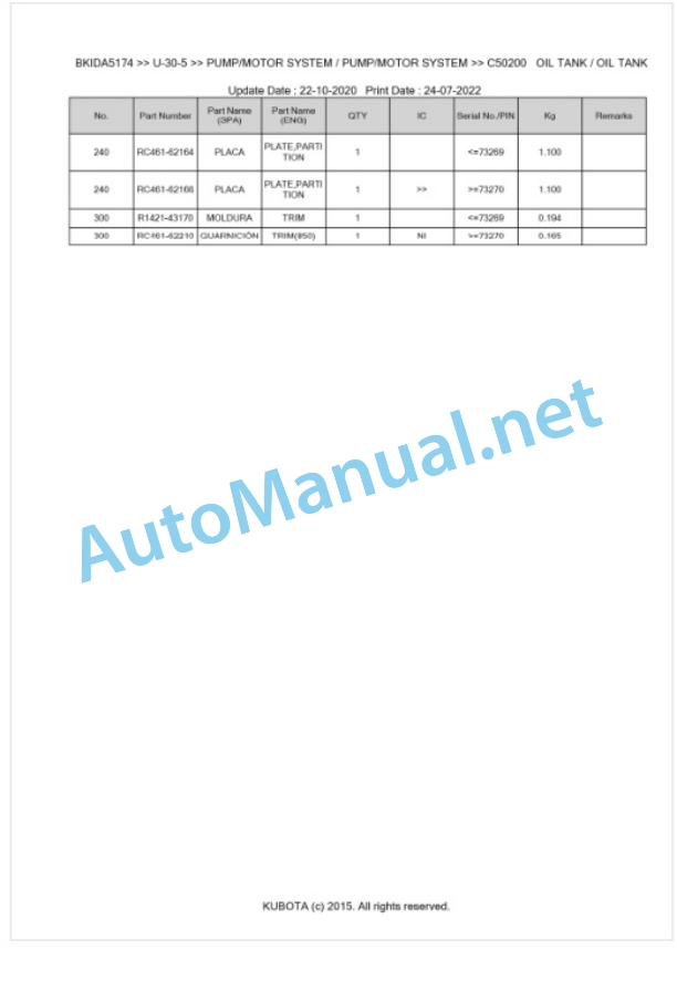 Kubota U-30-5 Parts Manual PDF BKIDA5174 3 Kubota U-30-5 Parts Manual PDF BKIDA5174-3