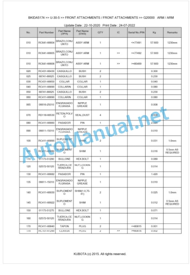 Kubota U-30-5 Parts Manual PDF BKIDA5174 5 Kubota U-30-5 Parts Manual PDF BKIDA5174-5