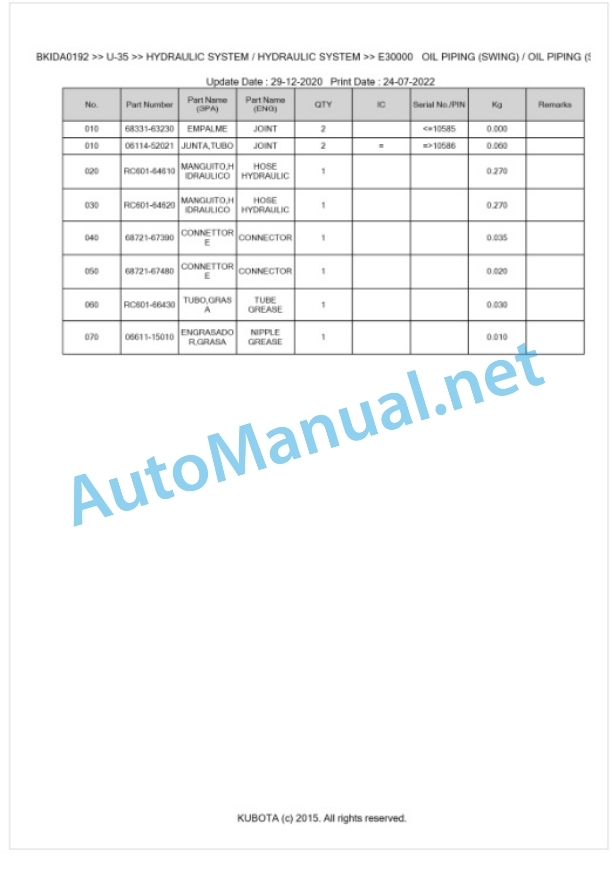 Kubota U-35 Parts Manual PDF BKIDA0192 4 Kubota U-35 Parts Manual PDF BKIDA0192-4