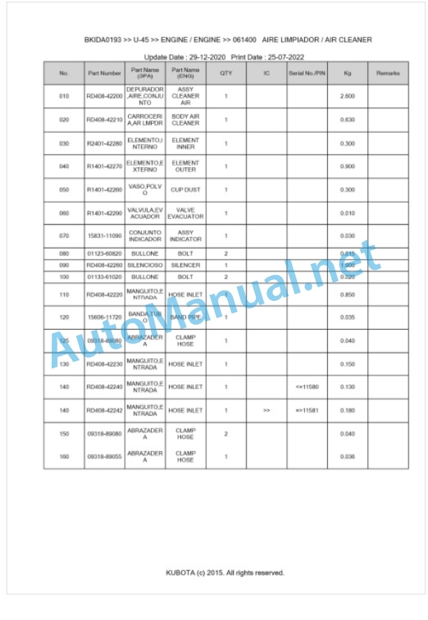 Kubota U-45 Parts Manual PDF BKIDA0193 2 Kubota U-45 Parts Manual PDF BKIDA0193-2
