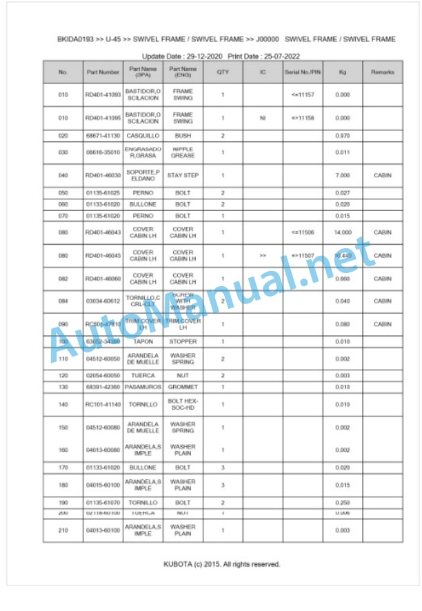 Kubota U-45 Parts Manual PDF BKIDA0193 5 Kubota U-45 Parts Manual PDF BKIDA0193-5