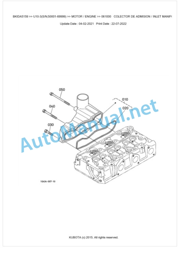 Kubota U10-3 Parts Manual PDF BKIDA5159 2 Kubota U10-3 Parts Manual PDF BKIDA5159-2
