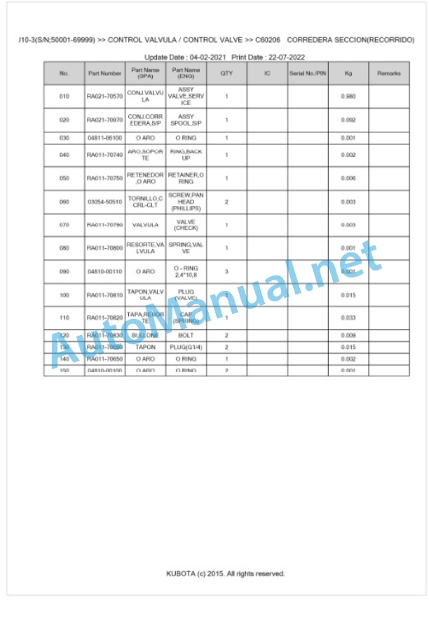 Kubota U10-3 Parts Manual PDF BKIDA5159 3 Kubota U10-3 Parts Manual PDF BKIDA5159-3