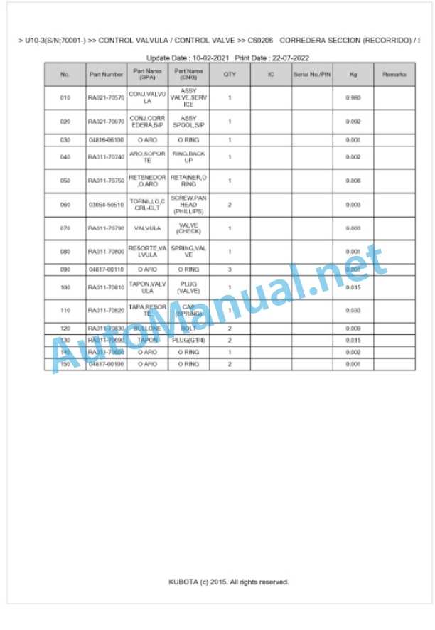 Kubota U10-3 Parts Manual PDF BKIDA5183 3 Kubota U10-3 Parts Manual PDF BKIDA5183-3