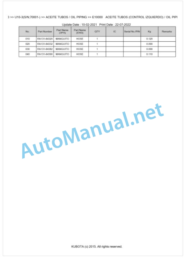 Kubota U10-3 Parts Manual PDF BKIDA5183 4 Kubota U10-3 Parts Manual PDF BKIDA5183-4