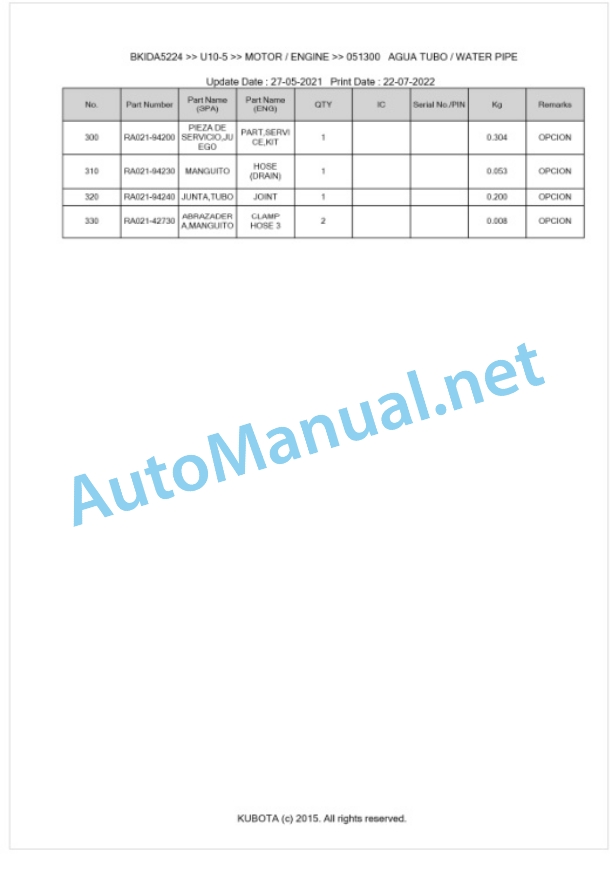 Kubota U10-5 Parts Manual PDF BKIDA5224 2 Kubota U10-5 Parts Manual PDF BKIDA5224-2