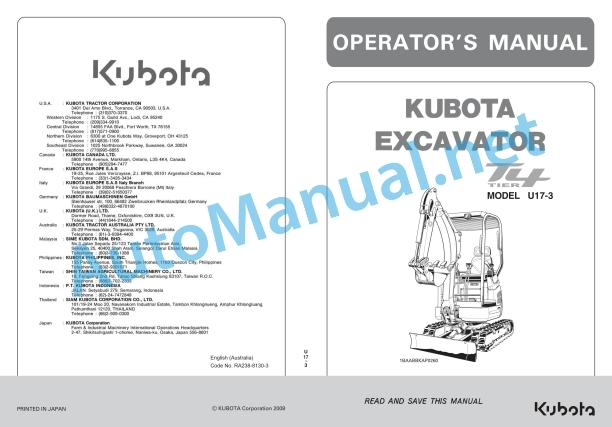 Kubota U17-3 Excavator Operators Manual PDF