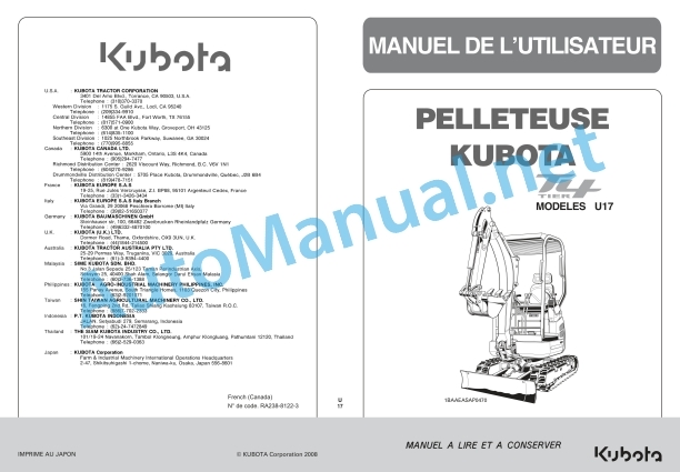 Kubota U17 Backhoe Operators Manual PDF FR