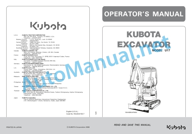 Kubota U17 Excavator Operators Manual PDF