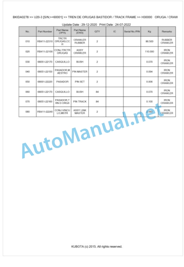 Kubota U20-3 Parts Manual PDF BKIDA0278 5 Kubota U20-3 Parts Manual PDF BKIDA0278-5