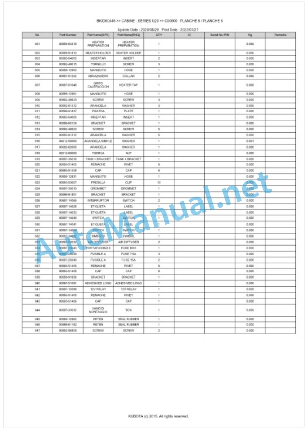 Kubota U20 Series CABINE Parts Manual PDF BIKDK0446 5 Kubota U20 Series CABINE Parts Manual PDF BIKDK0446-5