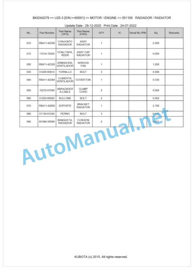 Kubota U25-3 Parts Manual PDF BKIDA0279 2 Kubota U25-3 Parts Manual PDF BKIDA0279-2