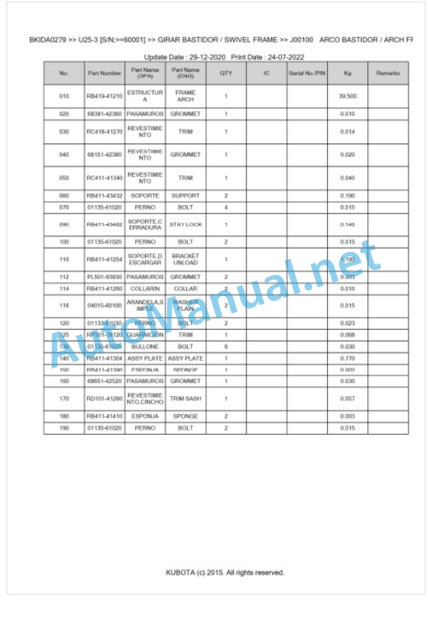 Kubota U25-3 Parts Manual PDF BKIDA0279 5 Kubota U25-3 Parts Manual PDF BKIDA0279-5