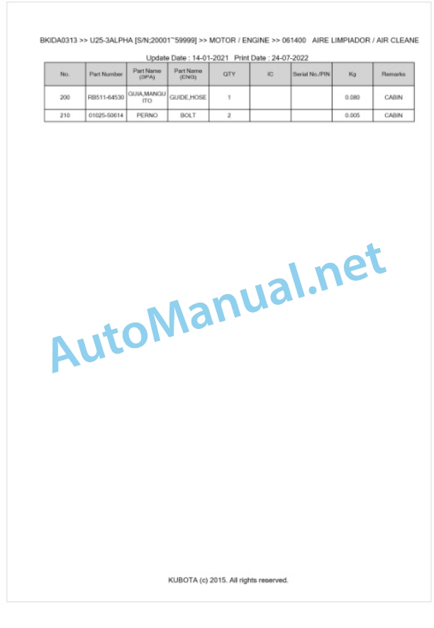 Kubota U25-3a Parts Manual PDF BKIDA0313 2 Kubota U25-3a Parts Manual PDF BKIDA0313-2