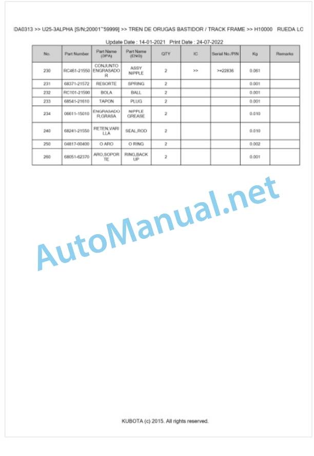 Kubota U25-3a Parts Manual PDF BKIDA0313 5 Kubota U25-3a Parts Manual PDF BKIDA0313-5
