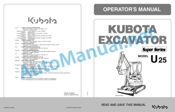 Kubota U25-3S Excavator Operators Manual PDF