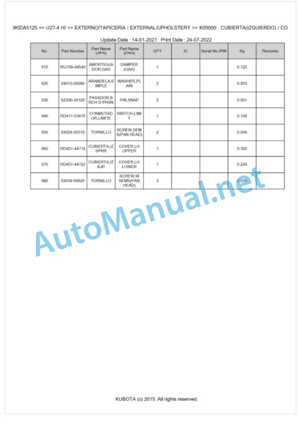 Kubota U27-4 HI Parts Manual PDF BKIDA5125 4 Kubota U27-4 HI Parts Manual PDF BKIDA5125-4