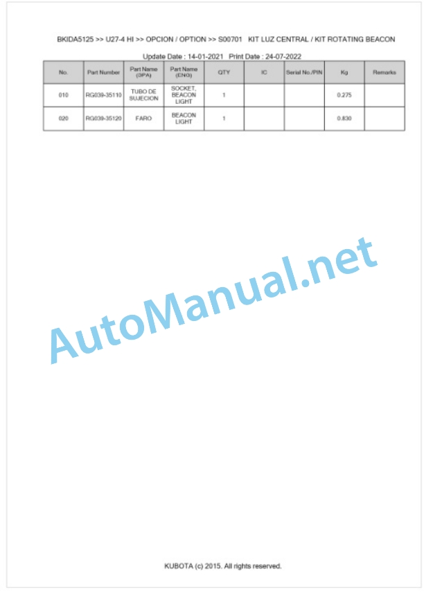 Kubota U27-4 HI Parts Manual PDF BKIDA5125 5 Kubota U27-4 HI Parts Manual PDF BKIDA5125-5