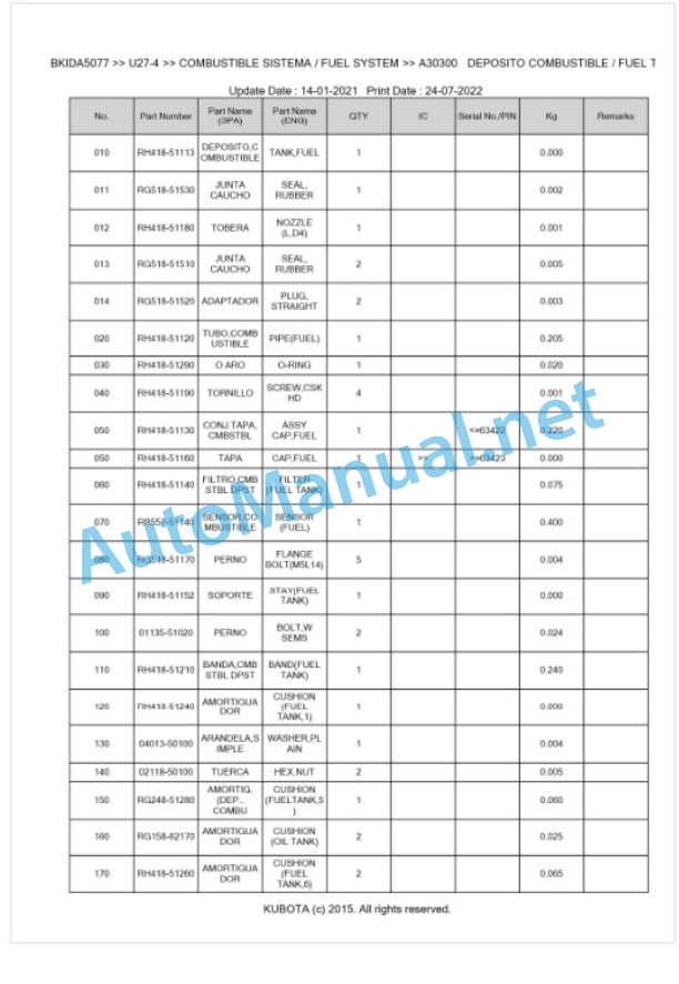 Kubota U27-4 Parts Manual PDF BKIDA5077 2 Kubota U27-4 Parts Manual PDF BKIDA5077-2