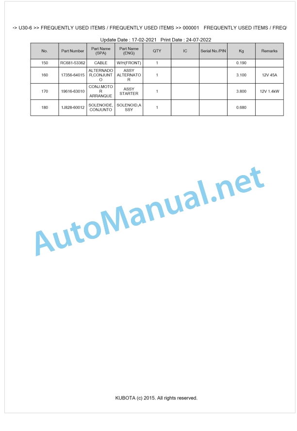 Kubota U30-6 Parts Manual PDF BKIDA5181 1 Kubota U30-6 Parts Manual PDF BKIDA5181