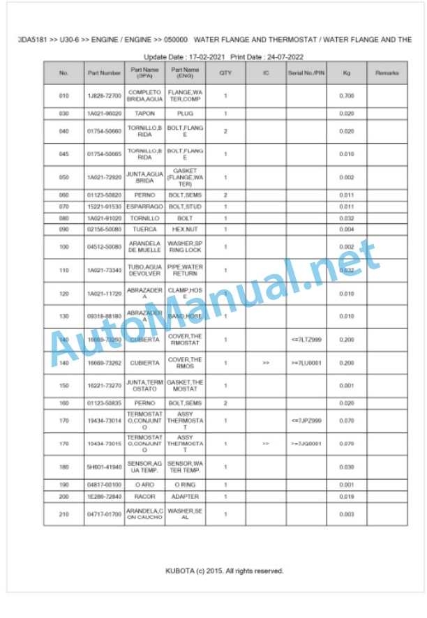 Kubota U30-6 Parts Manual PDF BKIDA5181 2 Kubota U30-6 Parts Manual PDF BKIDA5181-2