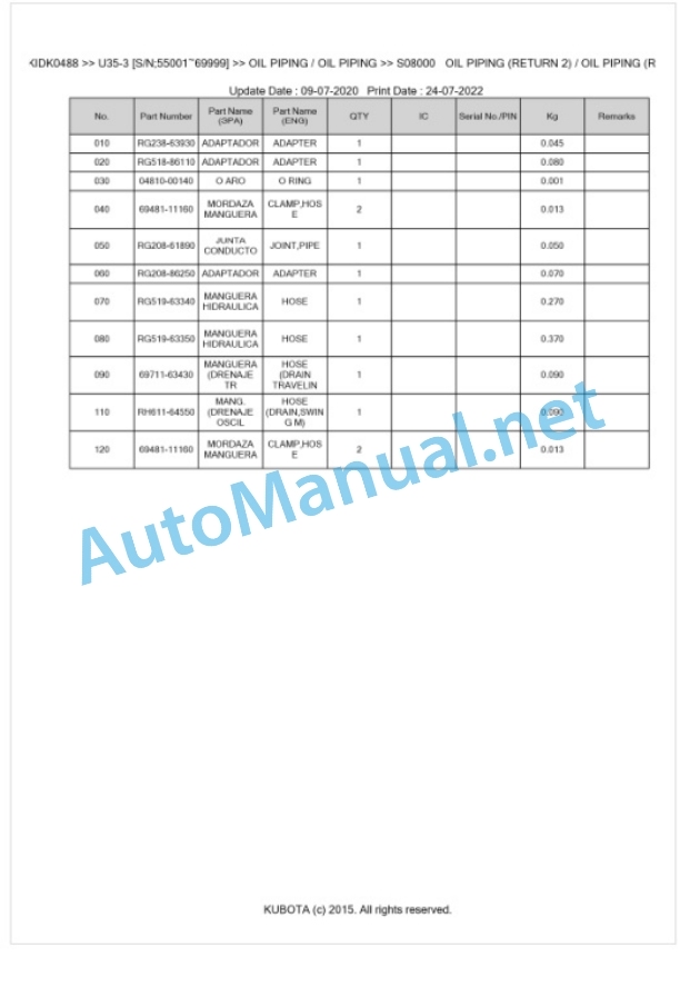 Kubota U35-3 Parts Manual PDF BKIDK0488 4 Kubota U35-3 Parts Manual PDF BKIDK0488-4