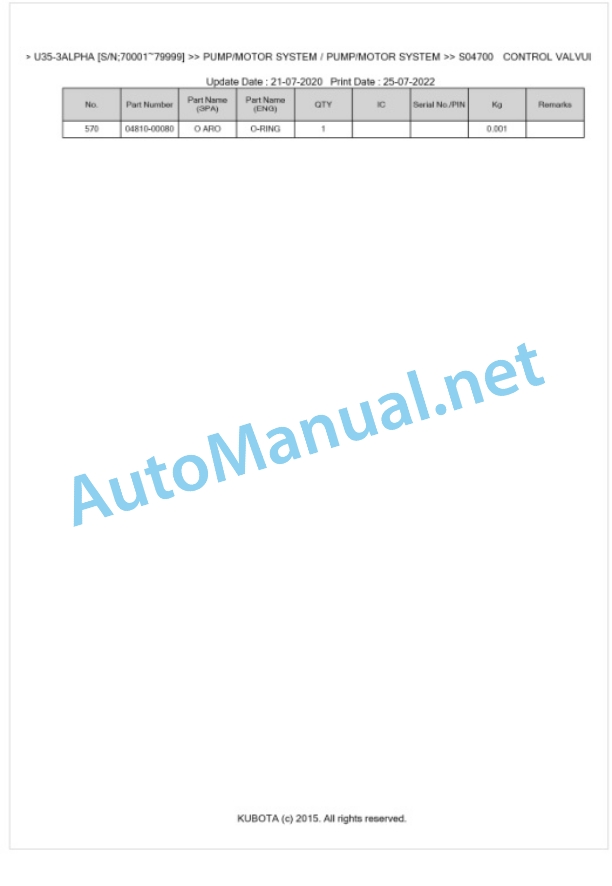 Kubota U35-3ALPHA Parts Manual PDF BKIDK0570 3 Kubota U35-3ALPHA Parts Manual PDF BKIDK0570-3