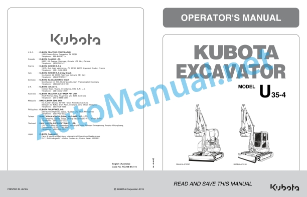 Kubota U35-4 Excavator Operators Manual PDF