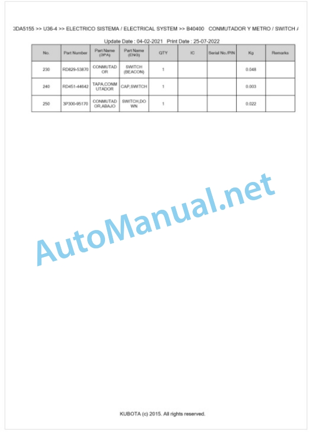 Kubota U36-4 Parts Manual PDF BKIDA5155 2 Kubota U36-4 Parts Manual PDF BKIDA5155-2